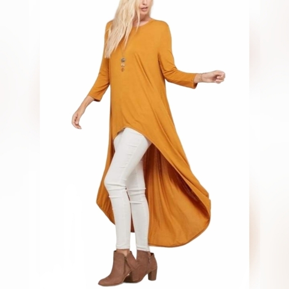 Zenana Outfitters Hi-Low Long Tunic Top Duster 3/4 Sleeve Mustard Yellow - Picture 4 of 7